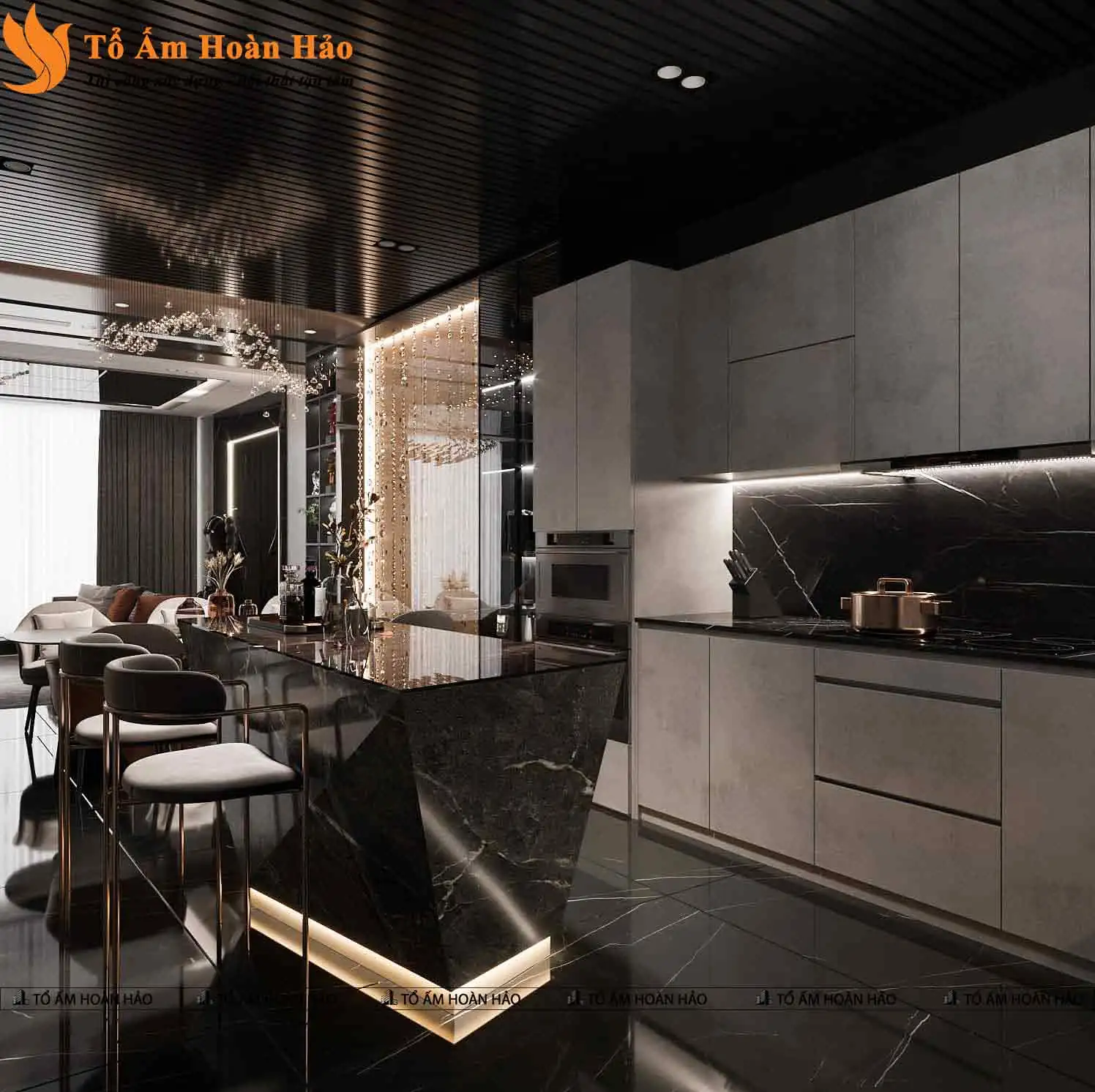 Nhà bếp phong cách luxury nổi bật với đá cẩm thạch