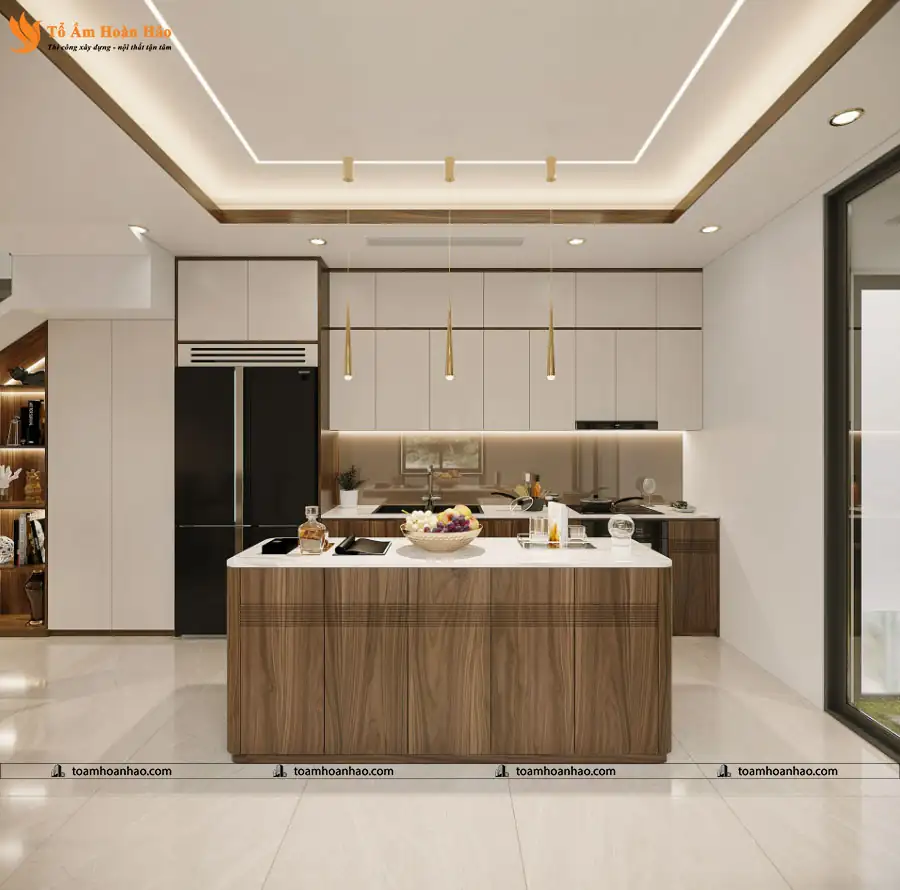 Bàn đảo bo góc tròn, bề mặt acrylic bóng gương sạch sẽ