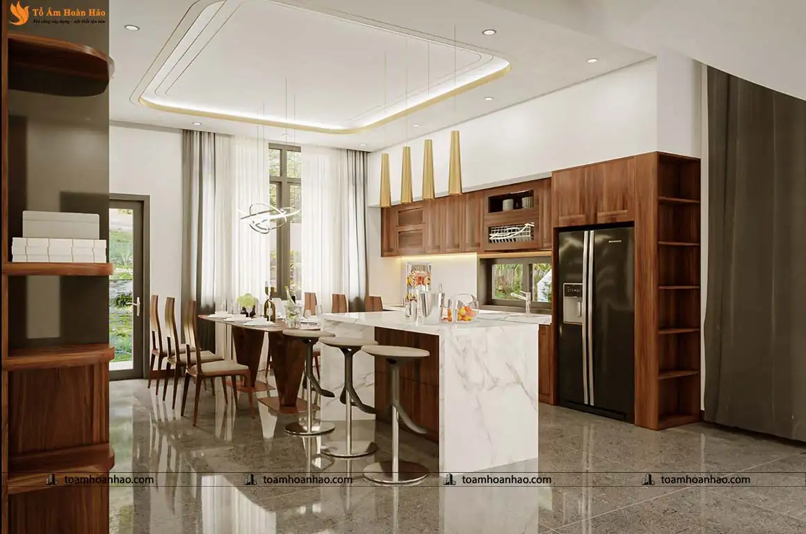 Bàn đảo bếp kết hợp quầy bar phủ acrylic sáng bóng