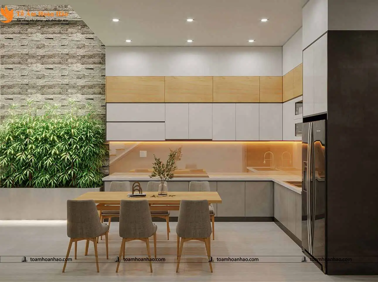 Trang trí tiểu cảnh xanh giúp không gian bếp thêm lý tưởng