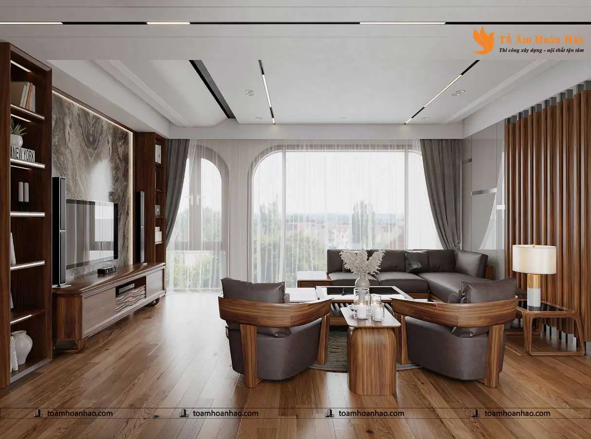 Phòng khách nội thất gỗ óc chó