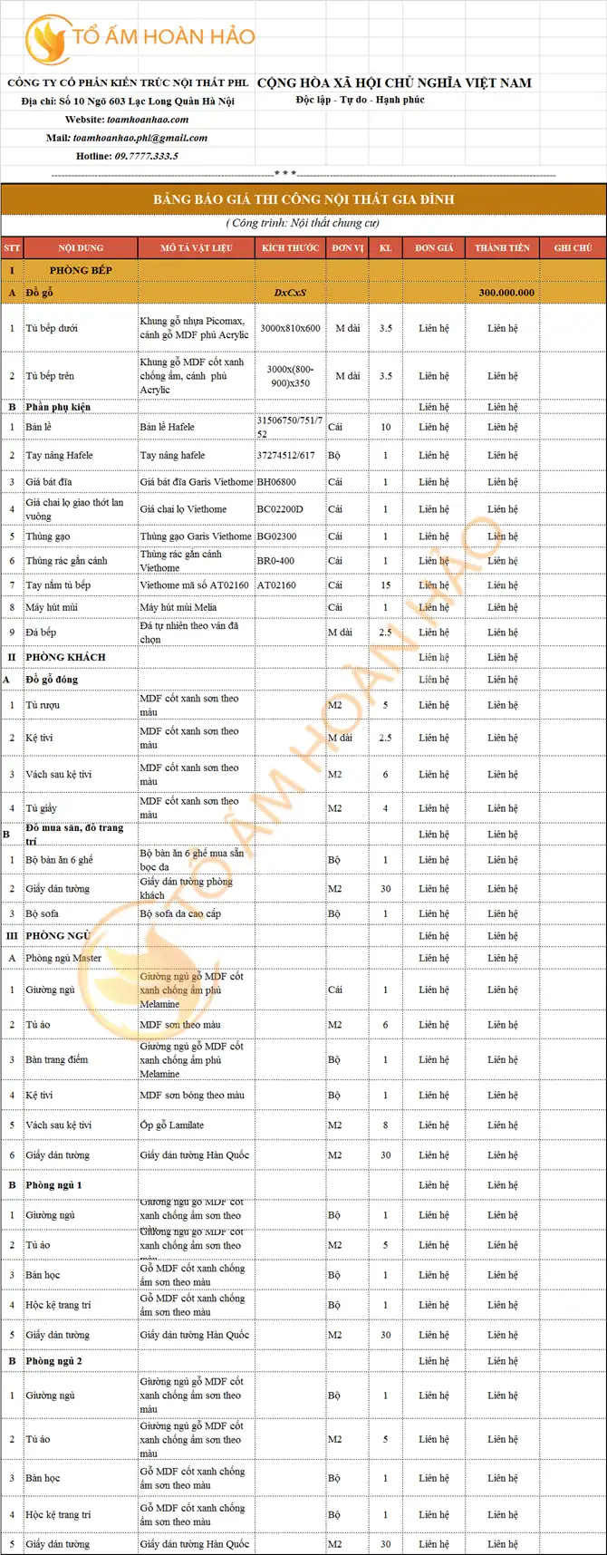 Gói nội thất hoàn thiện 300 triệu 3 phòng ngủ