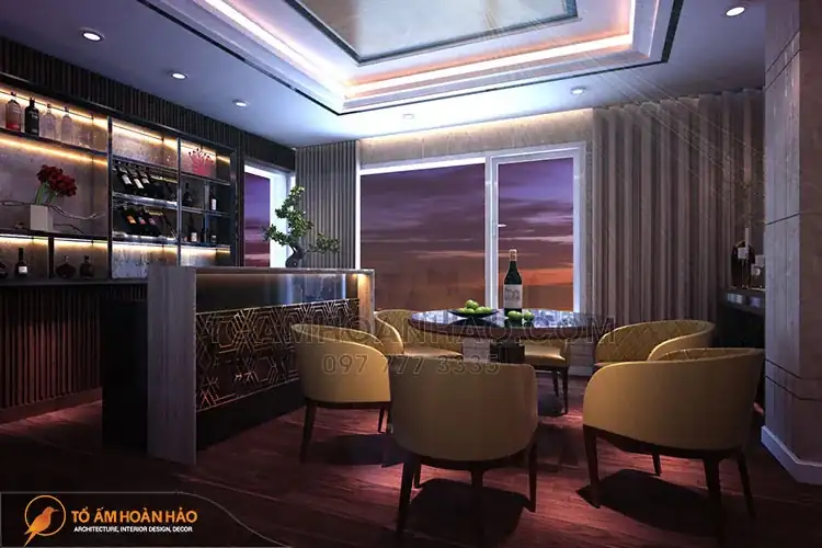 Một góc trong phòng giải trí là không gian thưởng thức rượu vang