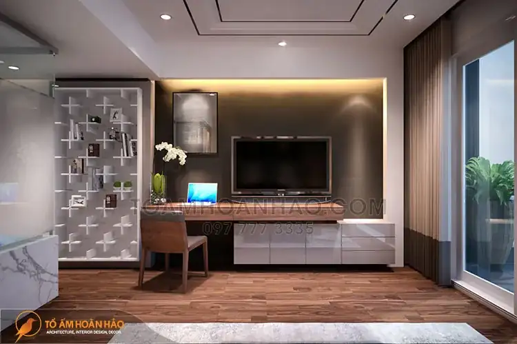 Kệ tivi kiêm góc làm việc gọn gàng, thiết kế kệ chữ thập khá đặc biệt cho căn phòng thêm thu hút