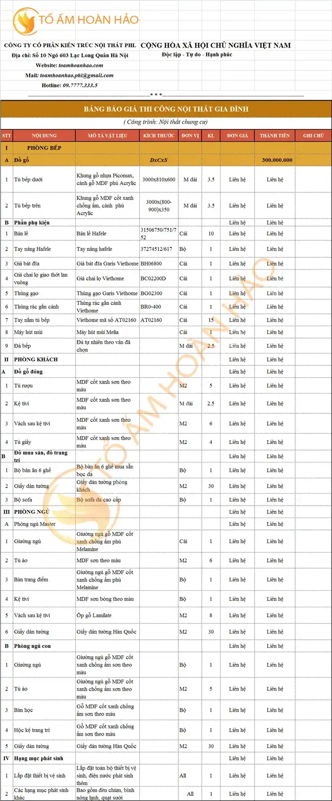 Gói nội thất hoàn thiện 300 triệu 2 phòng ngủ
