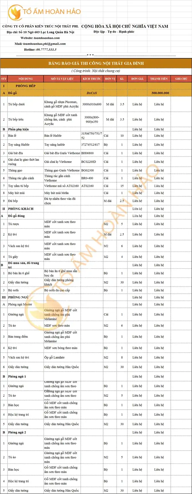 Gói nội thất hoàn thiện 300 triệu 3 phòng ngủ