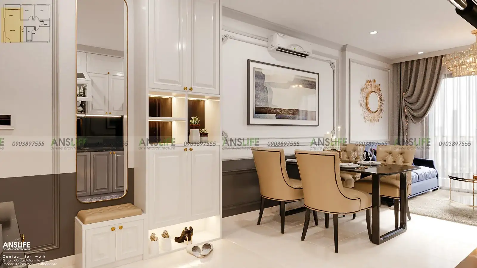 THIẾT KẾ NỘI THẤT CHUNG CƯ VINHOMES GRANDPARK DIỆN TÍCH 82M2 – PHONG CÁCH BÁN CỔ ĐIỂN SANG TRỌNG