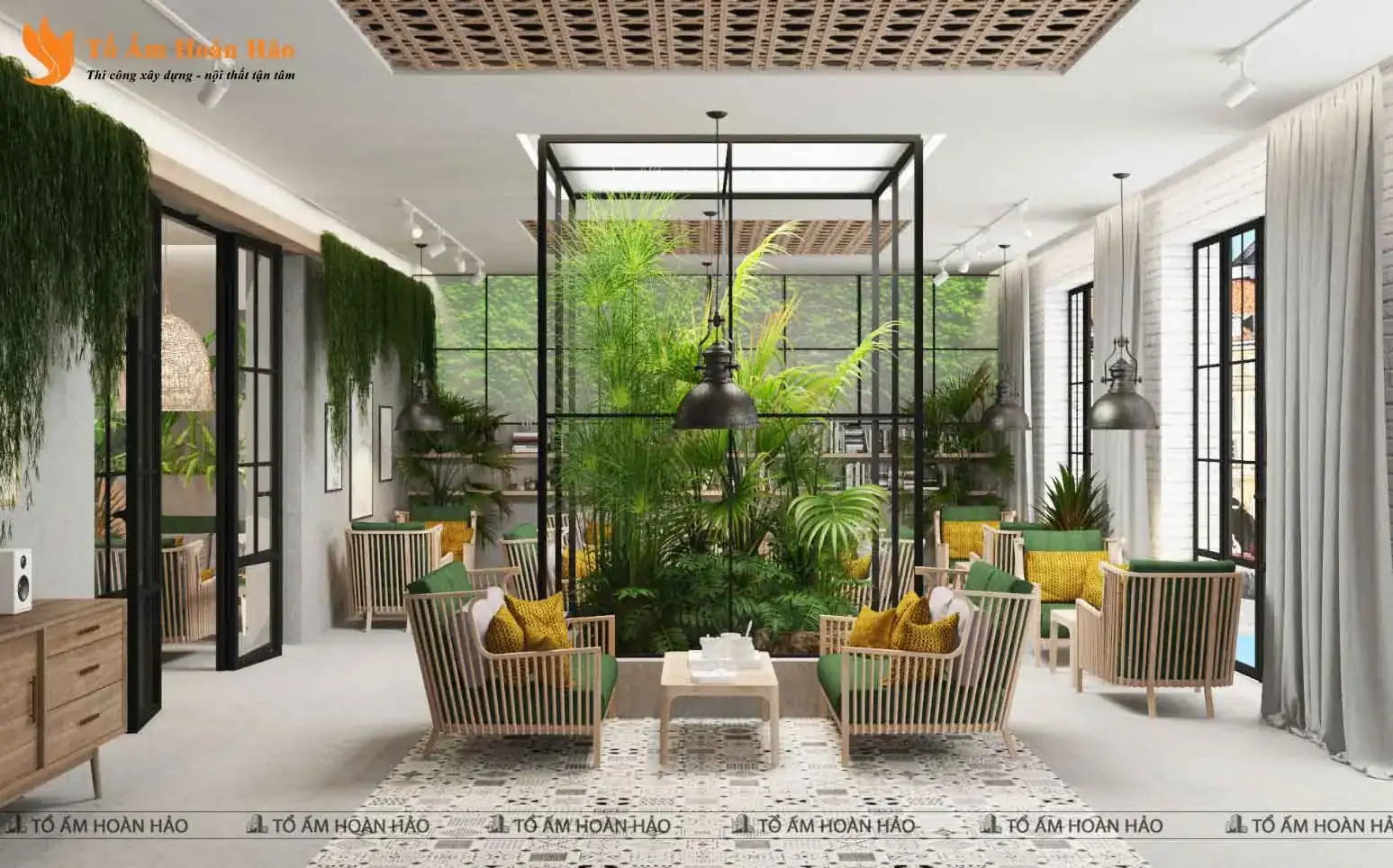 CHIÊM NGƯỠNG THIẾT KẾ QUÁN CÀ PHÊ 120M2 PHONG CÁCH TROPICAL XANH MÁT – SHOHA COFFEE