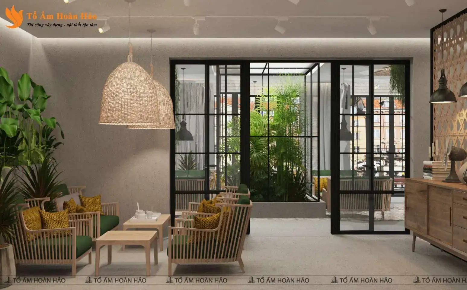 CHIÊM NGƯỠNG THIẾT KẾ QUÁN CÀ PHÊ 120M2 PHONG CÁCH TROPICAL XANH MÁT – SHOHA COFFEE