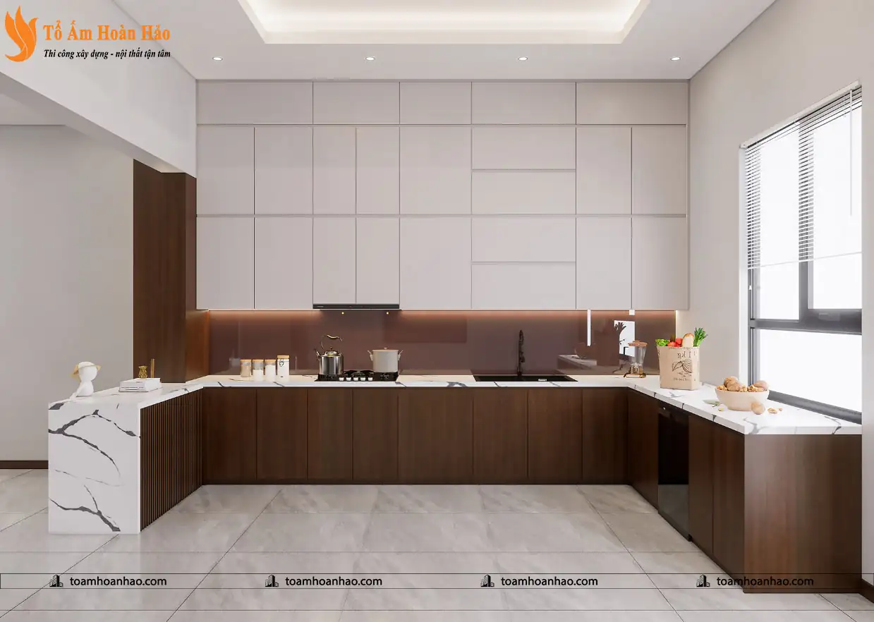 Mẫu tủ bếp chữ L tiện nghi