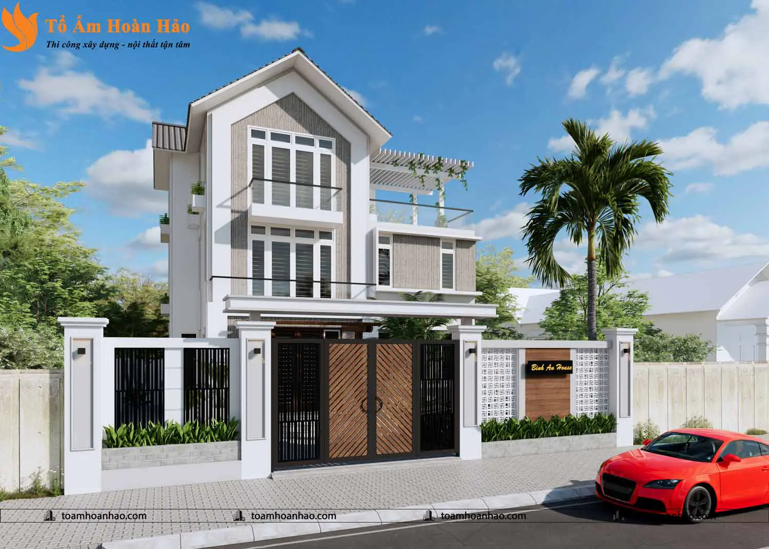 Phối cảnh 02 – THIẾT KẾ KIẾN TRÚC NHÀ PHỐ MÁI THÁI 3 TẦNG HIỆN ĐẠI-TP. HỒ CHÍ MINH VỚI DIỆN TÍCH 8M x 16M