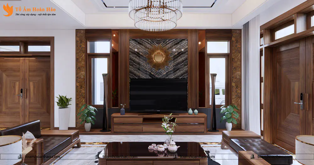 Phối cảnh 03 – THIẾT KẾ NỘI THẤT GỖ ÓC CHÓ VILLA 1500m2 – HÀ NỘI, SANG TRỌNG VÀ ĐẲNG CẤP