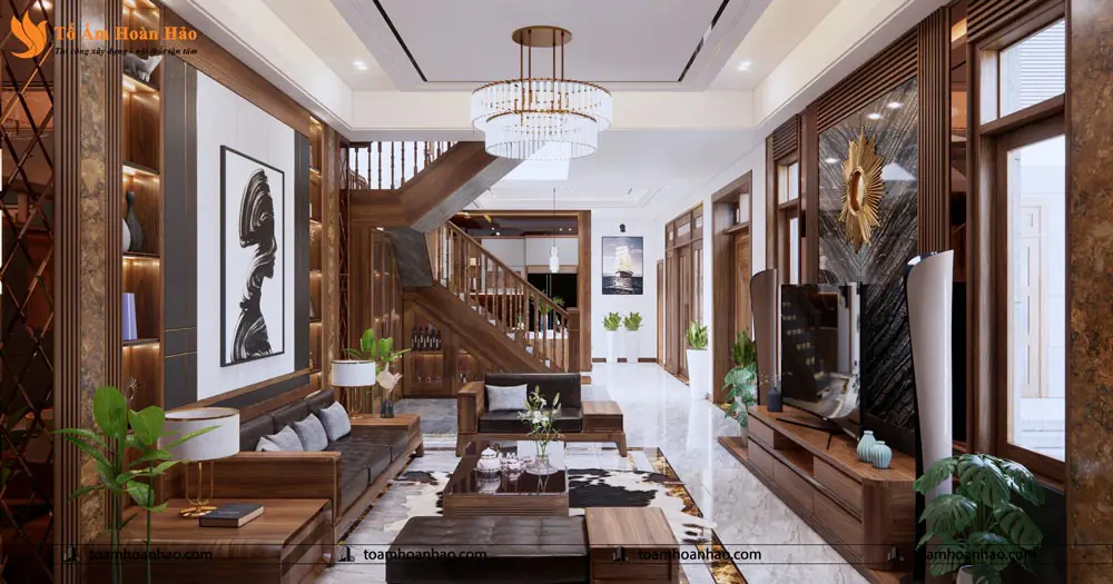 Phối cảnh 04 – THIẾT KẾ NỘI THẤT GỖ ÓC CHÓ VILLA 1500m2 – HÀ NỘI, SANG TRỌNG VÀ ĐẲNG CẤP