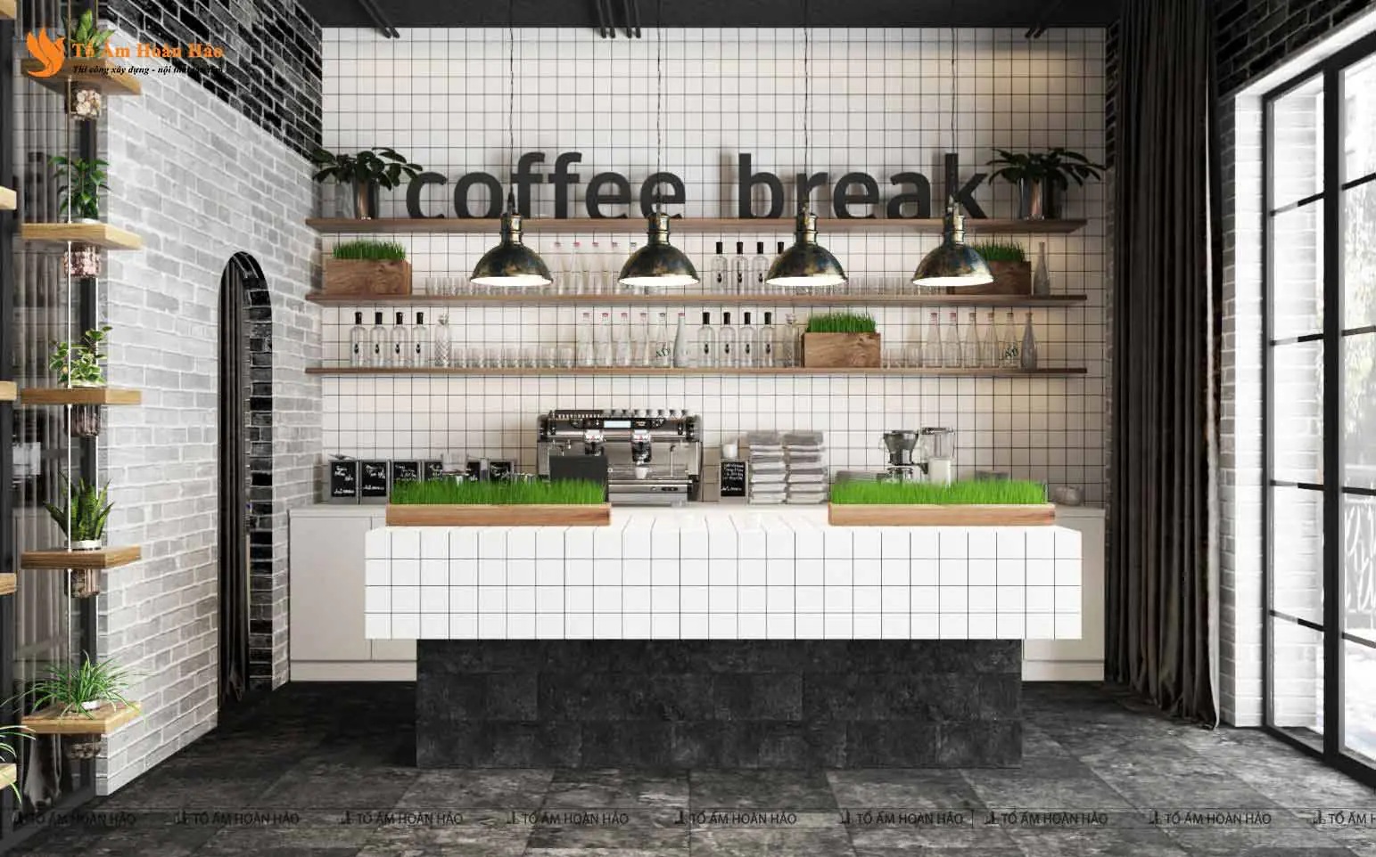 Quầy pha chế – BREAK COFFEE – THIẾT KẾ QUÁN CÀ PHÊ 148M2 VỚI CÁCH TRANG TRÍ ĐỘC LẠ VÀ SÁNG TẠO