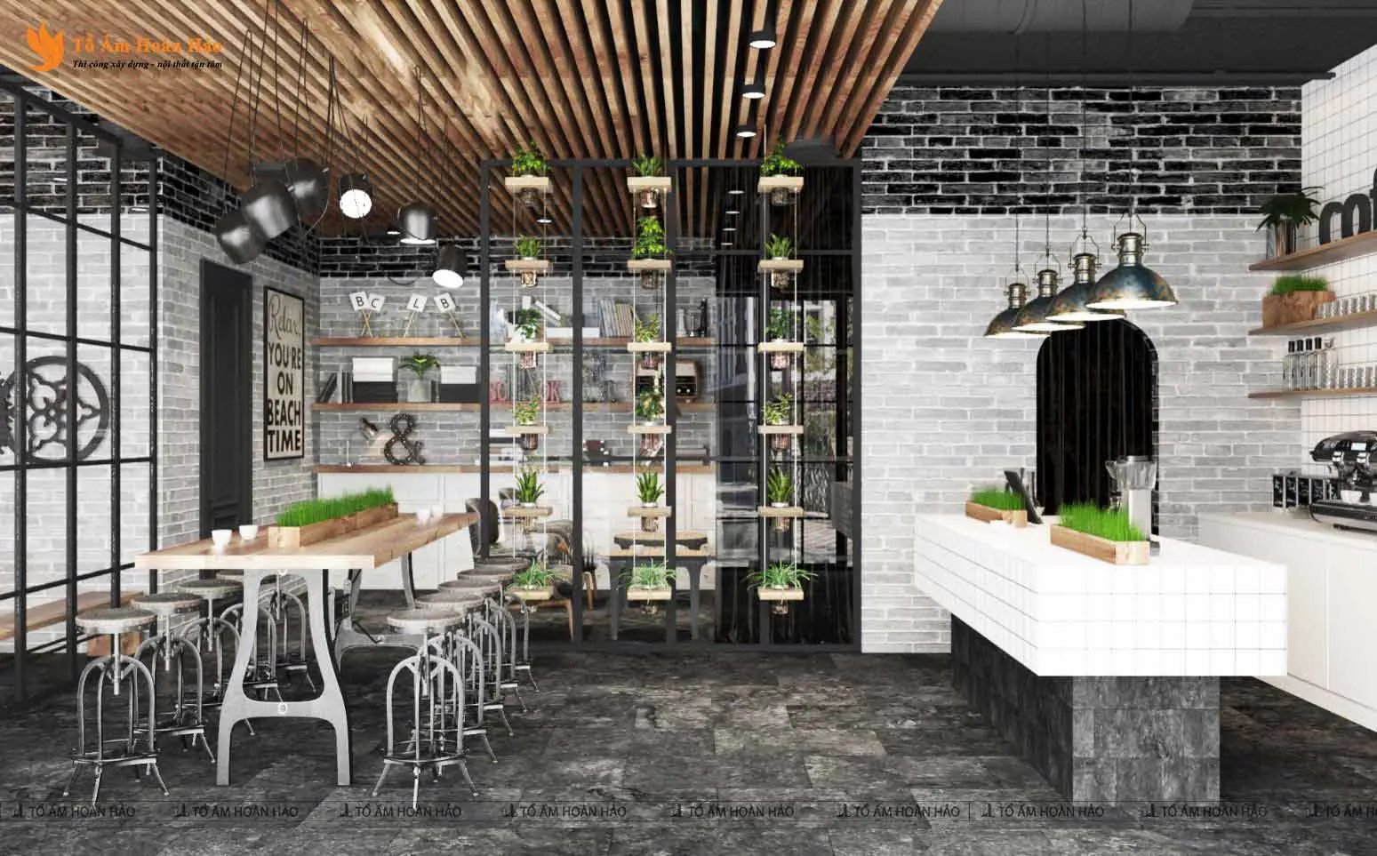 Quầy pha chế – BREAK COFFEE – THIẾT KẾ QUÁN CÀ PHÊ 148M2 VỚI CÁCH TRANG TRÍ ĐỘC LẠ VÀ SÁNG TẠO