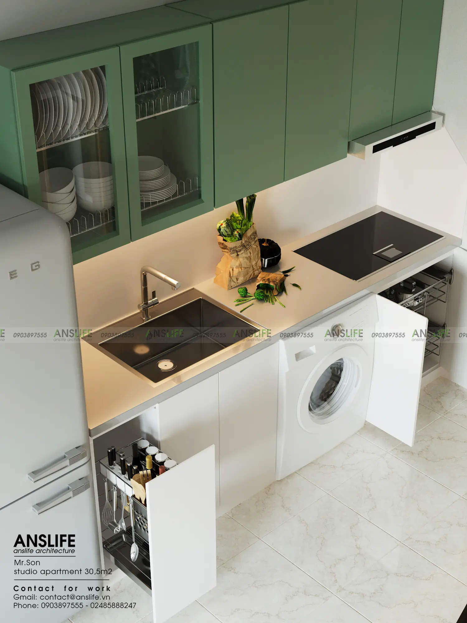 Khu vực bếp trong thiết kế căn hộ – Căn hộ Studio 30m2 tone xanh trắng