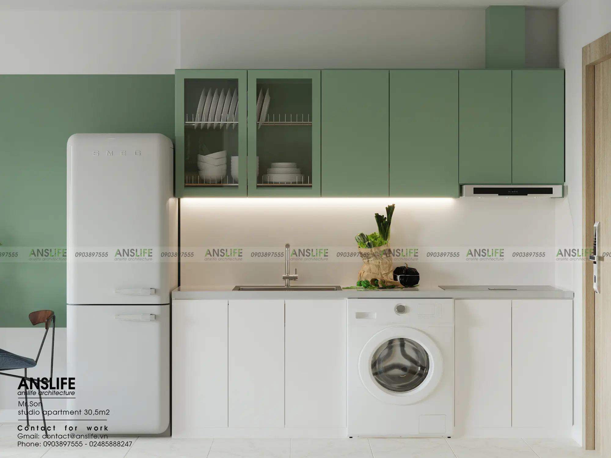 Khu vực bếp trong thiết kế căn hộ – Căn hộ Studio 30m2 tone xanh trắng