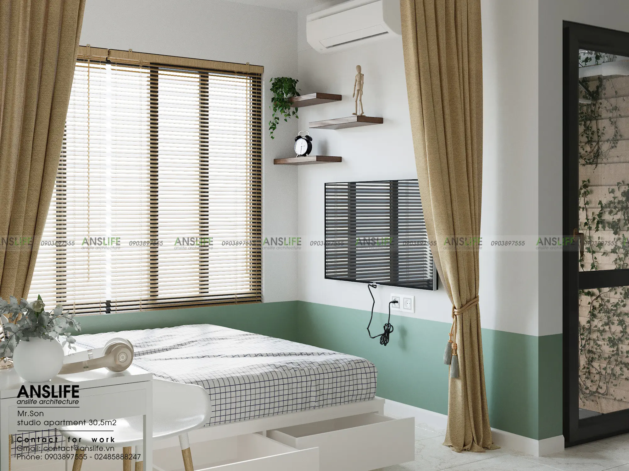 Không gian phòng ngủ – Căn hộ Studio 30m2 tone xanh trắng