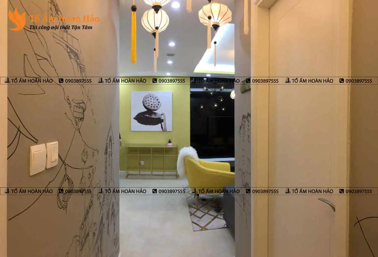 Phòng khách và bếp : – Chung cư 85m2 phong cách Nhật Bản